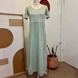 Vintage 90s USA Made Sage Green Striped Short Sleeve Cotton Dress - 10